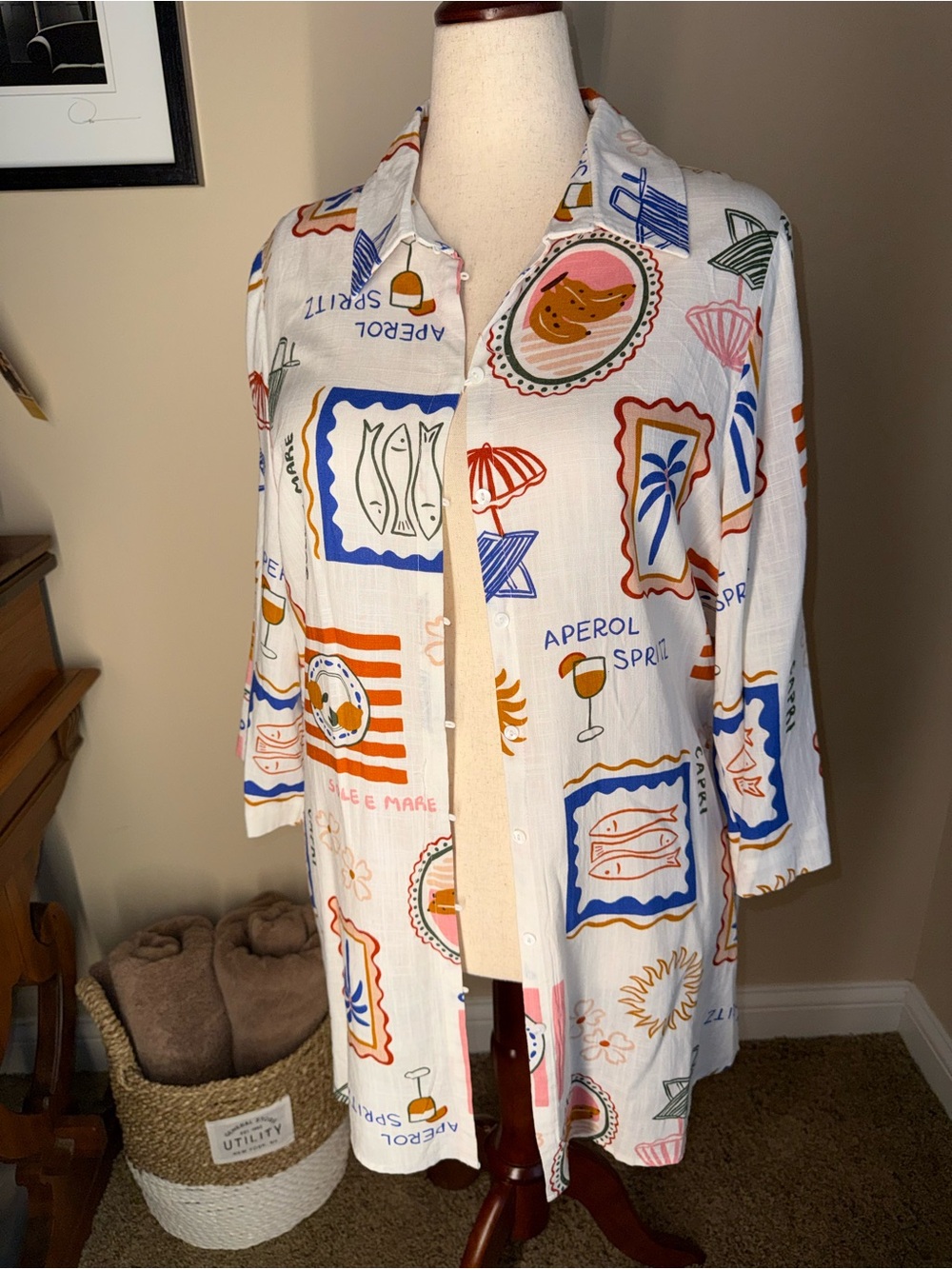 Graphic Print Button-Down Shirt Jacket in White with Blue & Orange Motifs